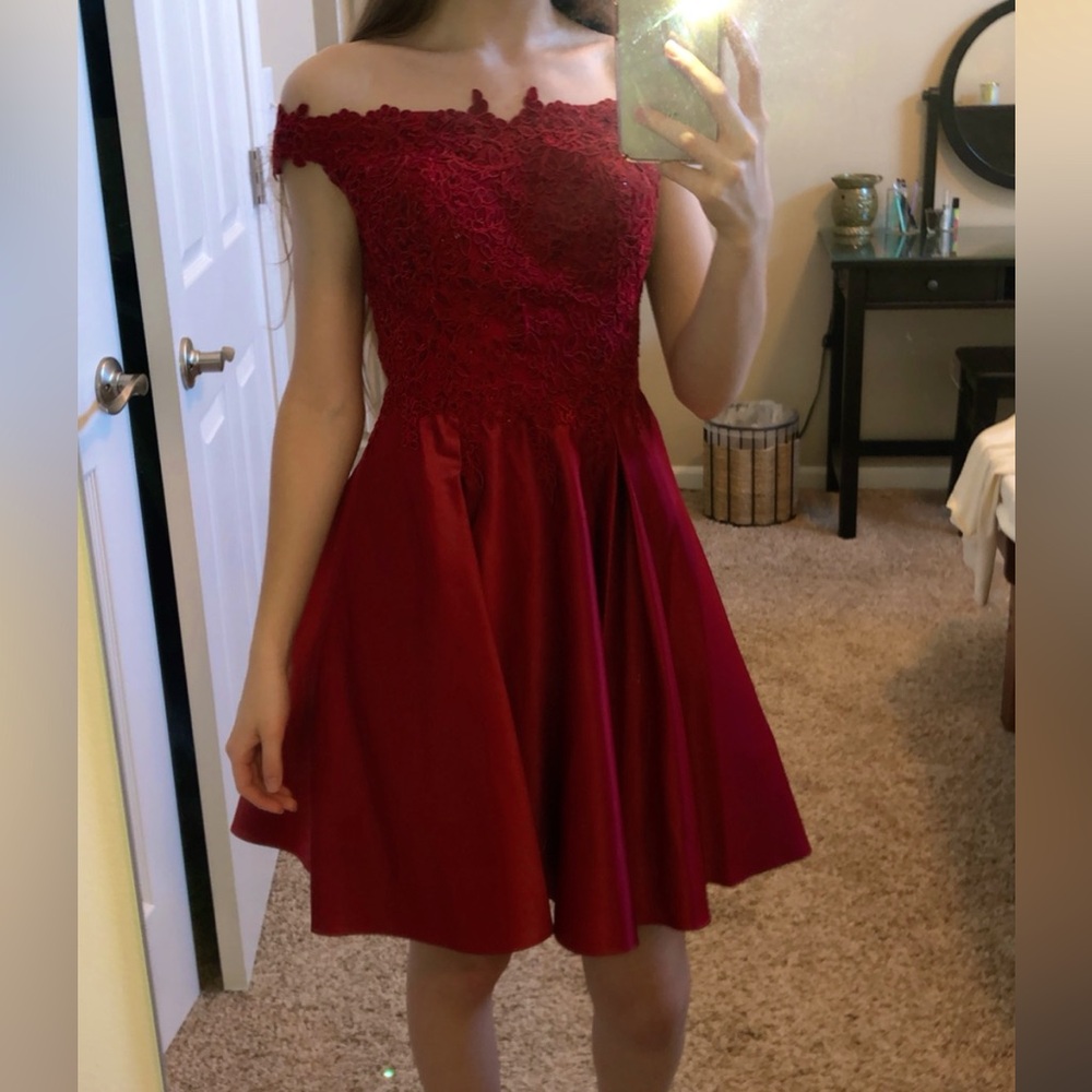 Elegant Red Embroidered Lace and Satin A-Line Mini Dress